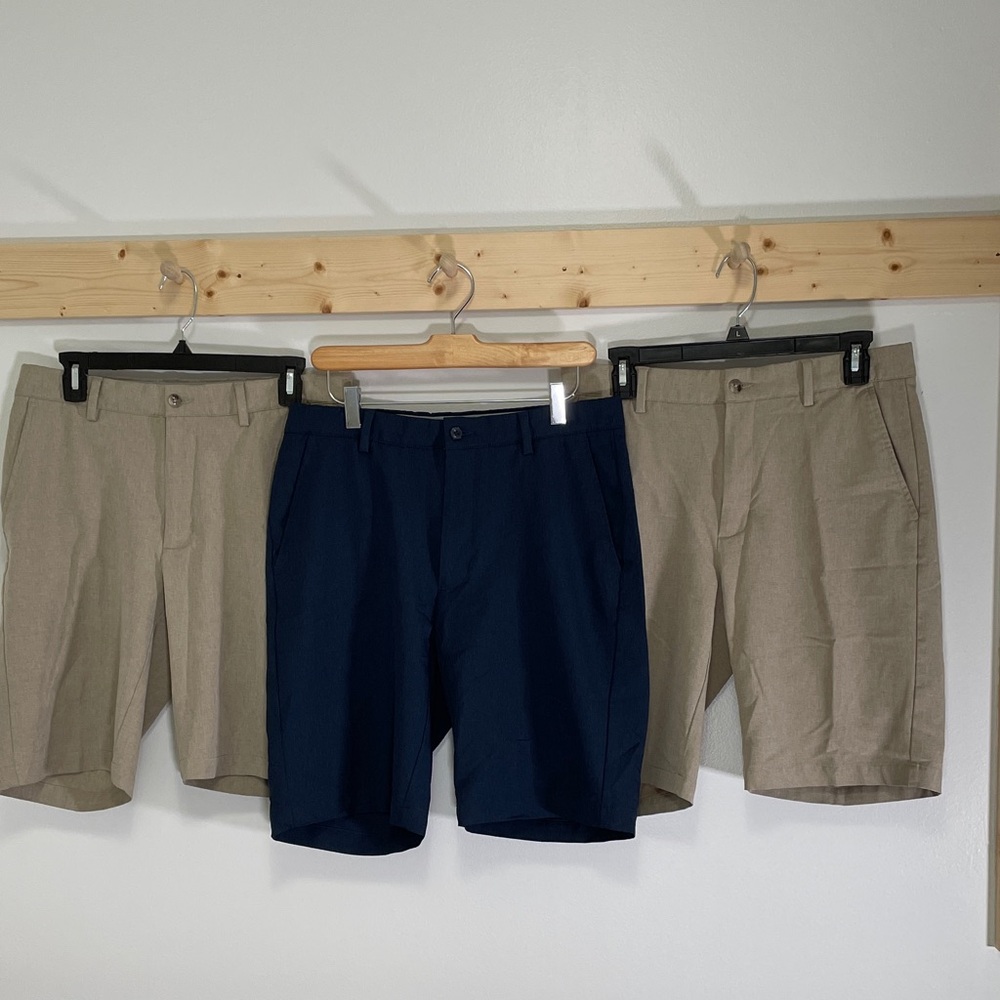 3 pair Greg Norman Collection Men's Flat Front Shorts in Navy and Khaki